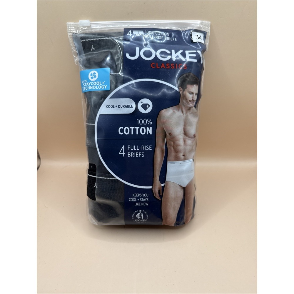 Jockey Classics 100% Cotton Full-Rise Briefs 4 Pack Stay Cool Black Size 34 New